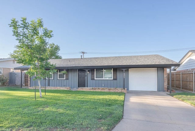 single story home with board and batten siding, fence, driveway, and a front yard