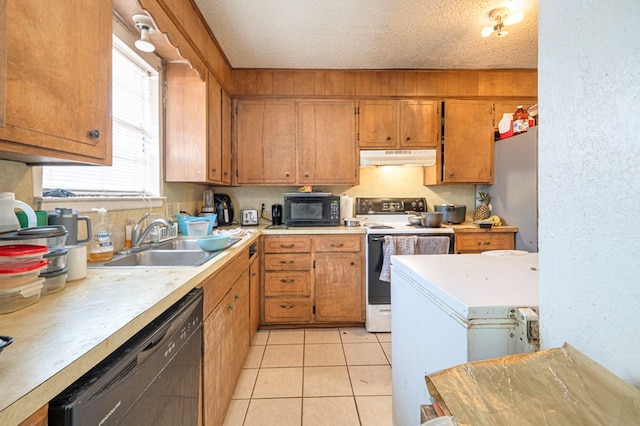 kitchen featuring sink, black dishwasher, a textured ceiling, light tile patterned flooring, and white electric stove