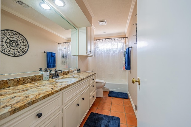full bathroom featuring tile patterned flooring, visible vents, crown molding, and toilet