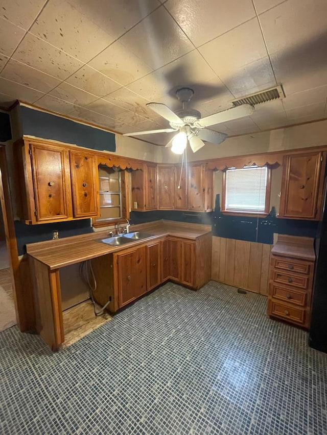 kitchen with ceiling fan, wood walls, and sink