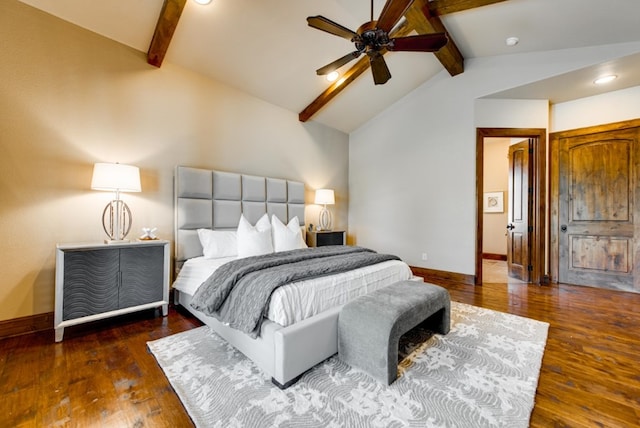 bedroom with dark wood-type flooring, ceiling fan, and vaulted ceiling with beams