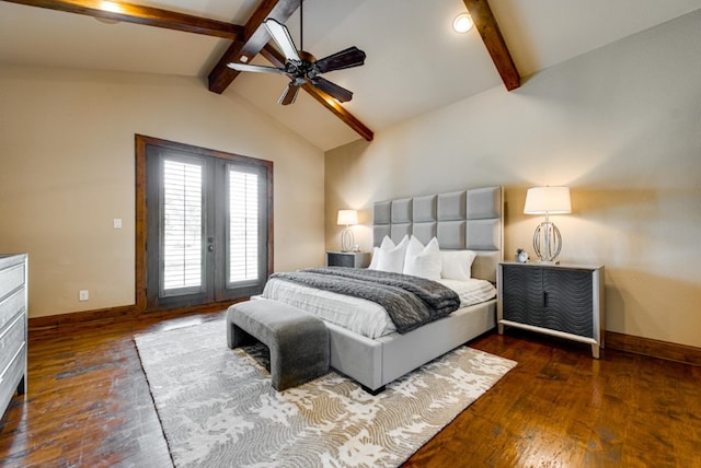 bedroom with lofted ceiling with beams, dark hardwood / wood-style floors, french doors, ceiling fan, and access to exterior