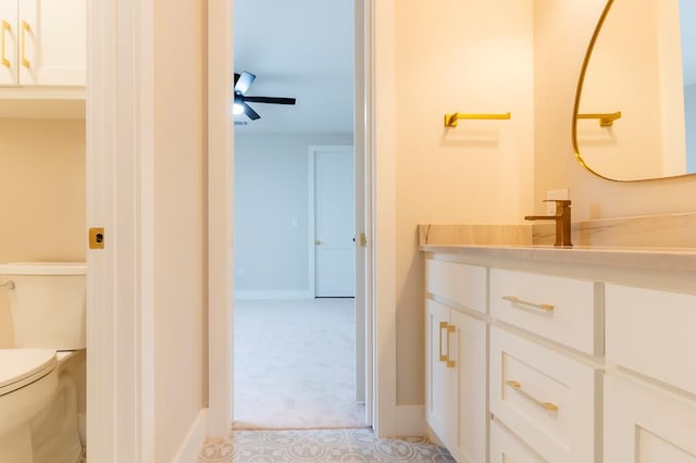 6407 W County Rd 41, Midland, TX 79707 - half bathroom featuring toilet, vanity, a ceiling fan, and baseboards