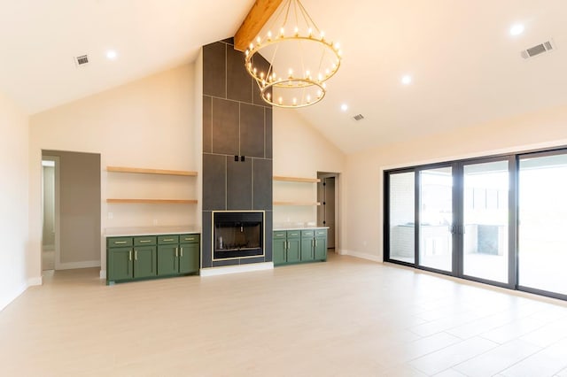 6407 W County Rd 41, Midland, TX 79707 - unfurnished living room featuring high vaulted ceiling, a chandelier, baseboards, a fireplace, and recessed lighting