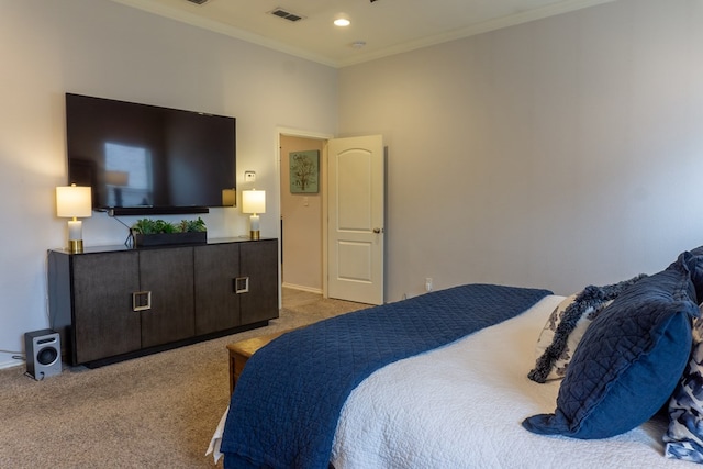 bedroom featuring carpet floors and ornamental molding