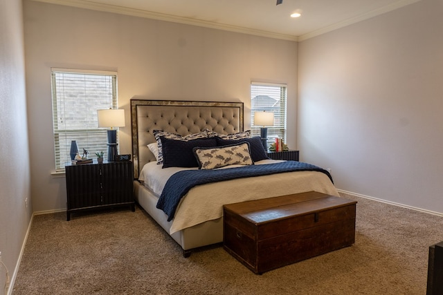 carpeted bedroom with ornamental molding