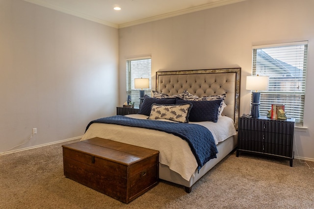 bedroom featuring carpet floors and ornamental molding