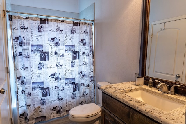 bathroom with a shower with curtain, vanity, toilet, and wood-type flooring