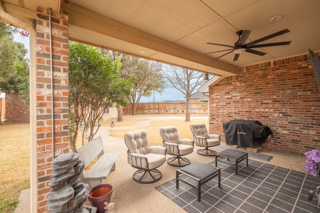 1900 Fringewood Dr, Midland, TX 79707 - view of patio / terrace featuring fence, ceiling fan, an outdoor hangout area, and a grill