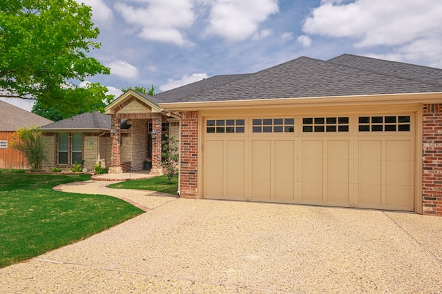 1900 Fringewood Dr, Midland, TX 79707 - ranch-style house with concrete driveway, roof with shingles, a front yard, an attached garage, and brick siding
