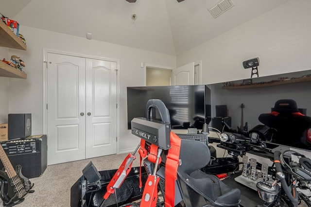 1900 Fringewood Dr, Midland, TX 79707 - playroom featuring lofted ceiling, carpet, ceiling fan, and visible vents