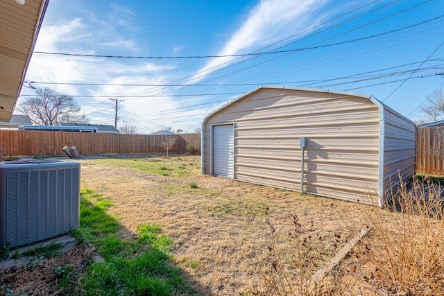 exterior space with central AC unit and a fenced backyard