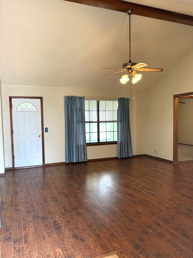 unfurnished living room featuring vaulted ceiling with beams, wood finished floors, baseboards, and ceiling fan