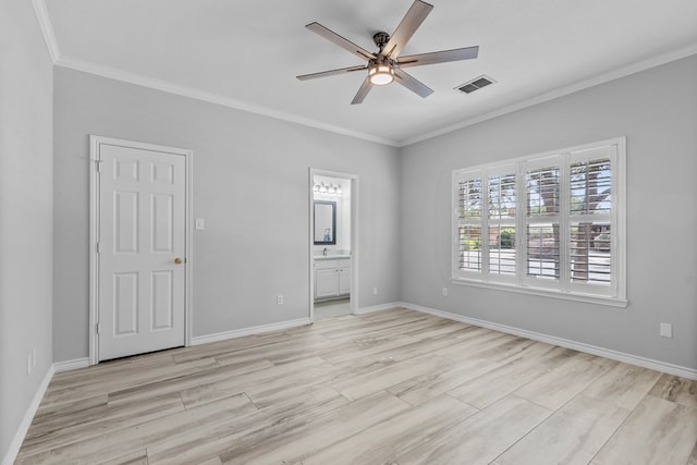 3502 Wedgewood St, Midland, TX 79707 - unfurnished bedroom featuring ornamental molding, light wood-style floors, ensuite bath, and a ceiling fan