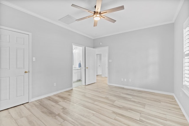 3502 Wedgewood St, Midland, TX 79707 - unfurnished bedroom with light wood-type flooring, crown molding, ensuite bathroom, and ceiling fan