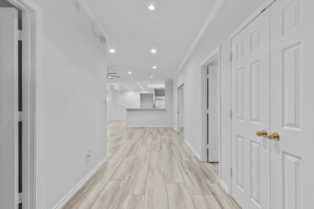 3502 Wedgewood St, Midland, TX 79707 - corridor featuring ornamental molding, recessed lighting, and light wood finished floors