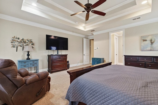 6407 Saddle Horn Ln, Midland, TX 79707 - carpeted bedroom featuring a raised ceiling, crown molding, baseboards, and ceiling fan