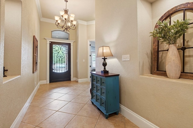 6407 Saddle Horn Ln, Midland, TX 79707 - foyer entrance with a chandelier, light tile patterned floors, crown molding, and baseboards