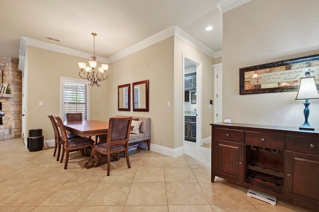 6407 Saddle Horn Ln, Midland, TX 79707 - dining room with a chandelier, ornamental molding, light tile patterned floors, baseboards, and recessed lighting