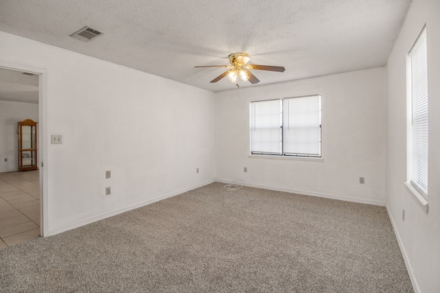 spare room featuring a textured ceiling, light carpet, and a wealth of natural light