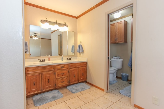 bathroom with tile patterned flooring, vanity, ceiling fan, toilet, and crown molding