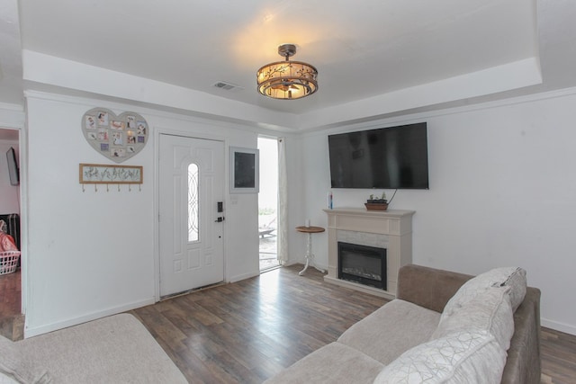 living area with a tray ceiling, visible vents, wood finished floors, and a fireplace