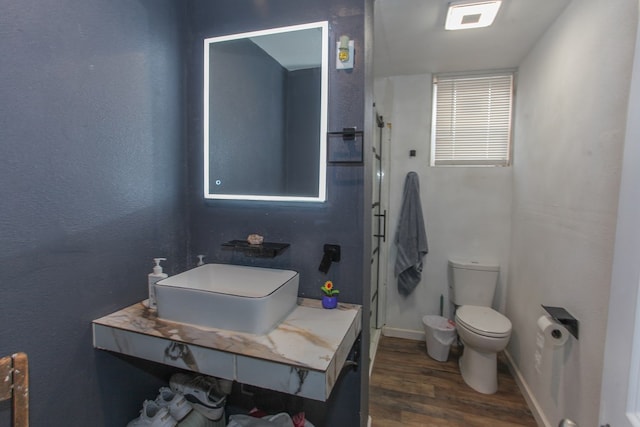 full bath featuring vanity, wood finished floors, baseboards, a stall shower, and toilet