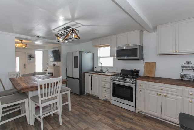 kitchen featuring a sink, stainless steel appliances, dark wood-type flooring, white cabinets, and wood counters