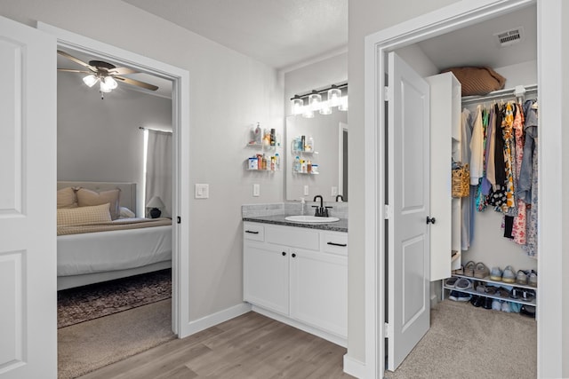 2906 Yellowstone Ct, Midland, TX 79705 - ensuite bathroom with vanity, ceiling fan, wood finished floors, a spacious closet, and baseboards