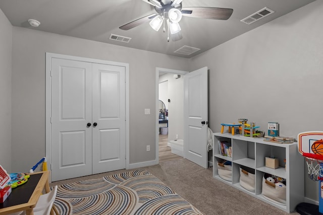 2906 Yellowstone Ct, Midland, TX 79705 - playroom featuring ceiling fan, carpet floors, and baseboards