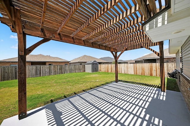 1317 Masquerade Blvd, Odessa, TX 79765 - fenced backyard with a storage unit, a patio, and a pergola