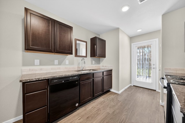1317 Masquerade Blvd, Odessa, TX 79765 - kitchen with dishwasher, stainless steel electric stove, light wood-type flooring, dark brown cabinetry, and recessed lighting