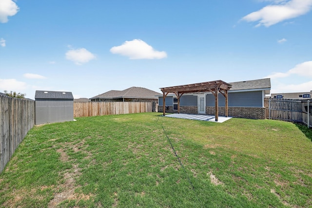 1317 Masquerade Blvd, Odessa, TX 79765 - fenced backyard featuring a pergola, a patio area, and a storage shed