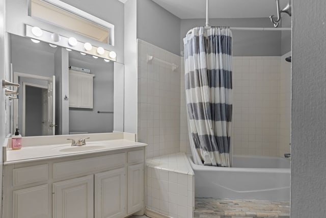 full bath featuring shower / bathtub combination with curtain and vanity