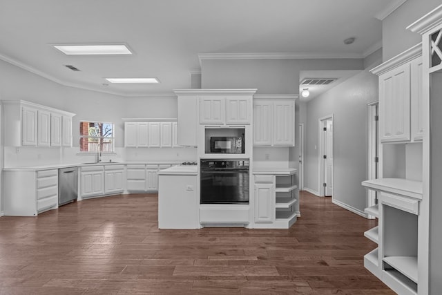 kitchen with visible vents, white cabinets, black appliances, open shelves, and a sink