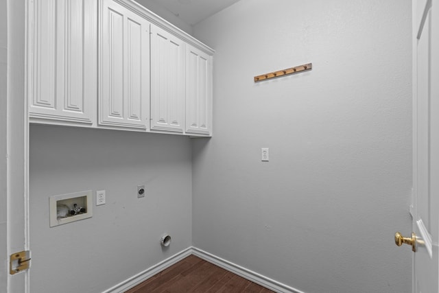 laundry area with washer hookup, baseboards, cabinet space, dark wood-style floors, and electric dryer hookup