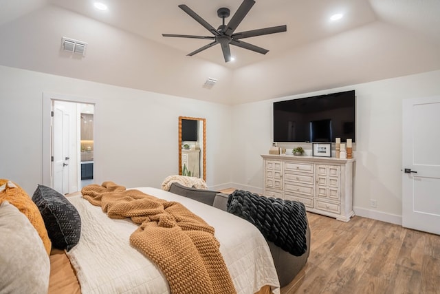 5807 Sterling Pl, Midland, TX 79707 - bedroom featuring lofted ceiling, light wood finished floors, recessed lighting, ceiling fan, and baseboards