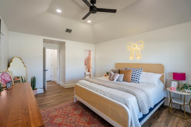 5807 Sterling Pl, Midland, TX 79707 - bedroom with baseboards, wood finished floors, vaulted ceiling, recessed lighting, and a ceiling fan