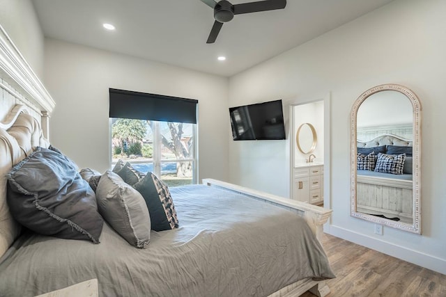 5807 Sterling Pl, Midland, TX 79707 - bedroom with wood finished floors, recessed lighting, ceiling fan, ensuite bath, and a sink