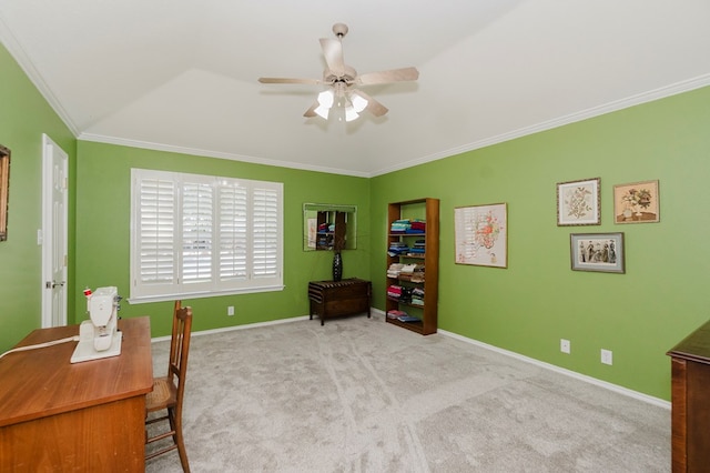 2017 Fringewood Dr, Midland, TX 79707 - carpeted office space featuring ornamental molding, a ceiling fan, and baseboards