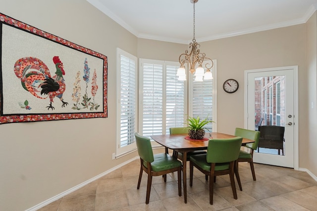 2017 Fringewood Dr, Midland, TX 79707 - dining space featuring a chandelier, baseboards, ornamental molding, and light tile patterned flooring