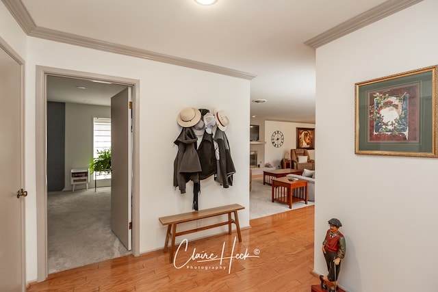 hall featuring light wood-type flooring, light colored carpet, and crown molding