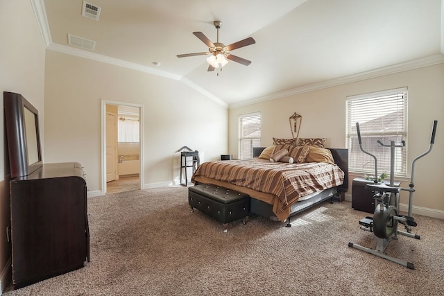 bedroom featuring visible vents, carpet flooring, and ornamental molding