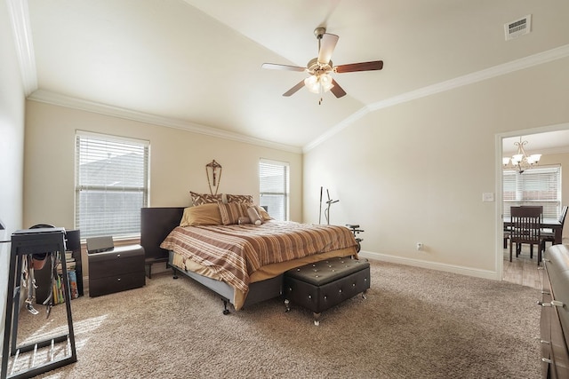 bedroom with lofted ceiling, visible vents, ornamental molding, light carpet, and baseboards