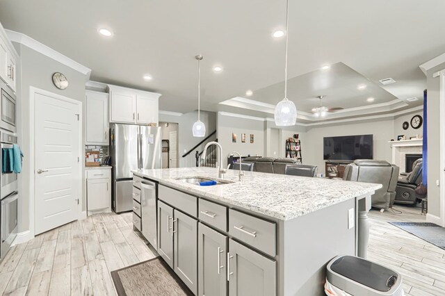 1706 Overshine Ln, Midland, TX 79705 - kitchen featuring a sink, stainless steel appliances, ceiling fan, a tray ceiling, and light wood-style flooring