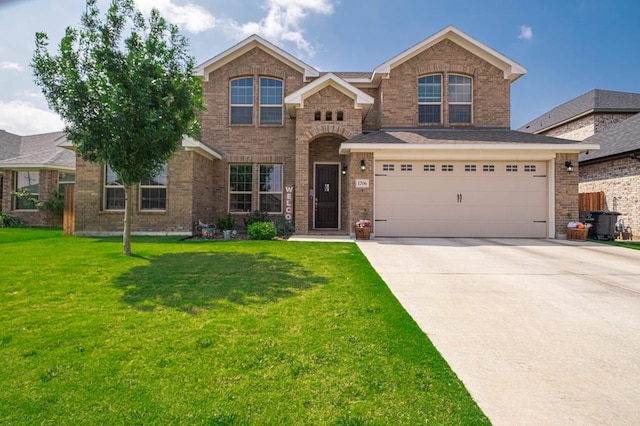 1706 Overshine Ln, Midland, TX 79705 - traditional-style house with concrete driveway, brick siding, a front yard, and an attached garage