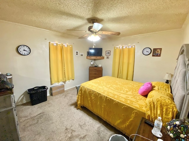 bedroom featuring carpet flooring, ceiling fan, crown molding, and a textured ceiling