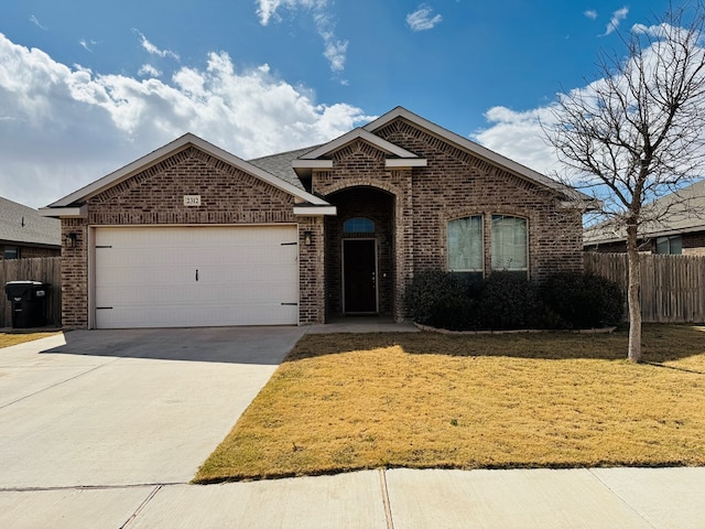 ranch-style house featuring a front yard, an attached garage, fence, and brick siding