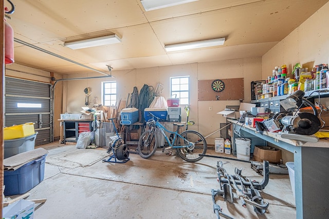 garage with a workshop area