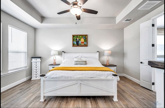 313 Peregrine Hill Cir, Midland, TX 79707 - bedroom featuring visible vents, a tray ceiling, and light wood-style flooring